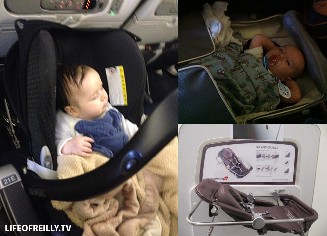 Different airlines have varying facilities for kids. Left: Samantha in her own car seat. Top right: Dylan in the "duffel bag". Bottom right: Virgin Atlantic's Sky Cot